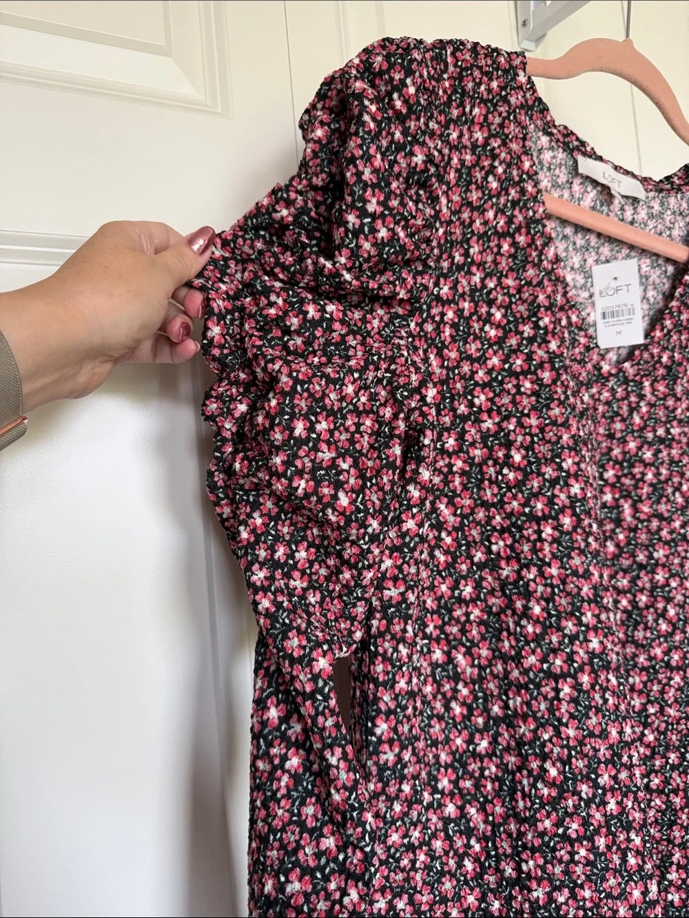 LOFT Black Floral V-Neck Puff Sleeve Blouse with Pink Flowers
